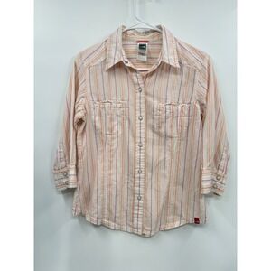 The North Face S Button Up Womens White Pink Orange Striped 3/4 Sleeve Top